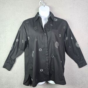Desigual Oversized Button Front Shirt Black White Embroidered L XL